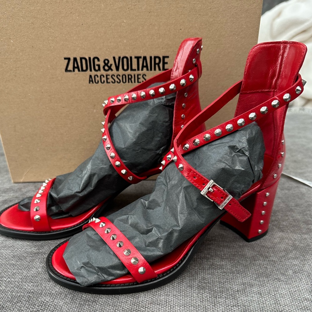 NIB (Sz7) Zadig & Voltaire Red Spike Sandals